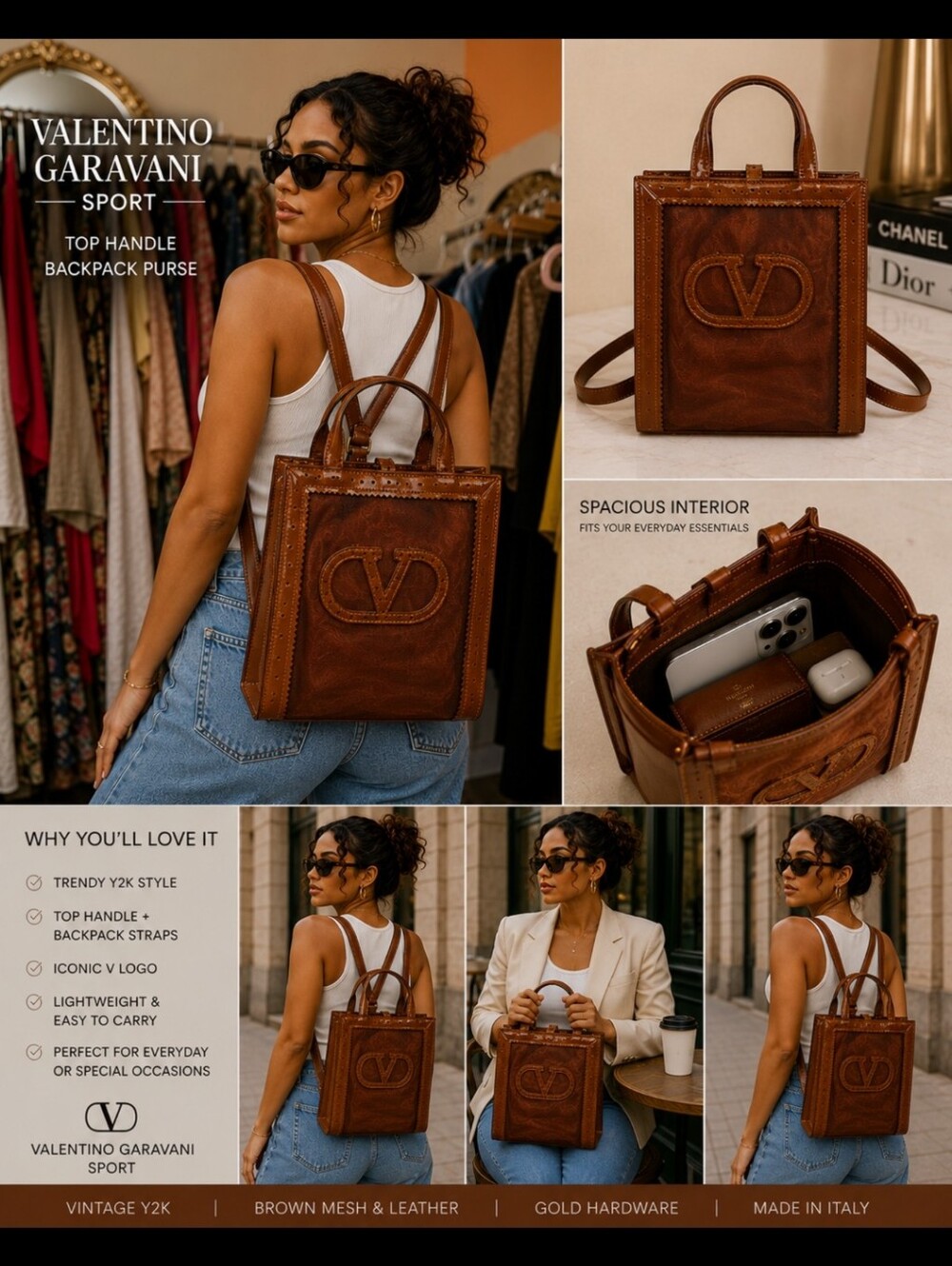 Valentino Garavani Brown Leather &‎ Mesh Top Handle Backpack